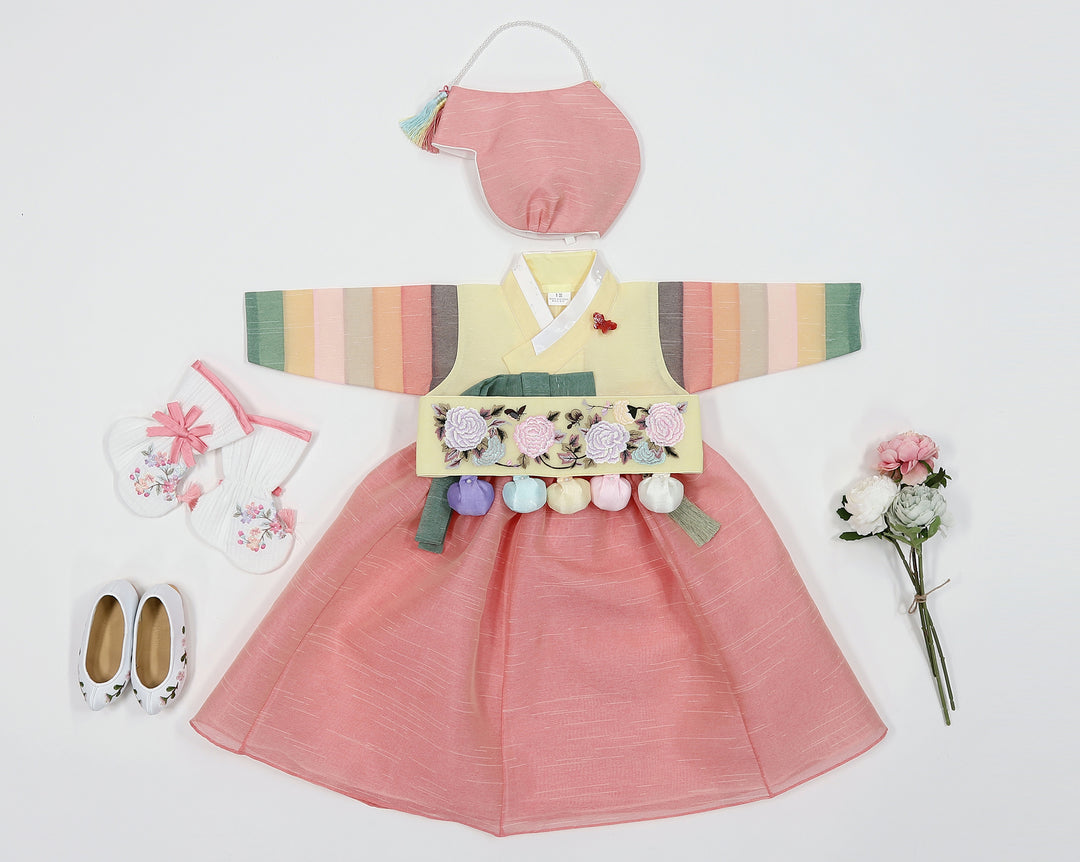 Korean Traditional Baby Girl Hanbok Clothing 1 Age Dol Party Celebration pastel Yellow Saekdong HG174