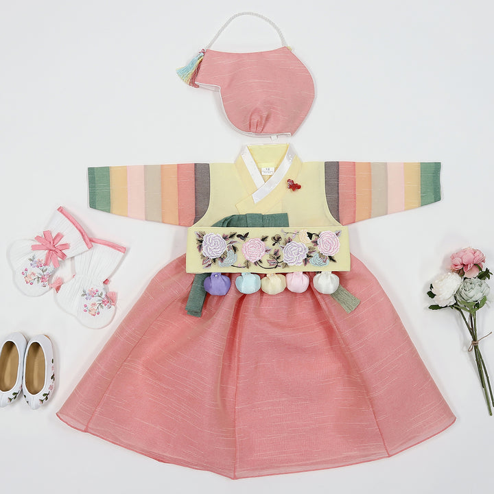Korean Traditional Baby Girl Hanbok Clothing 1 Age Dol Party Celebration pastel Yellow Saekdong HG174