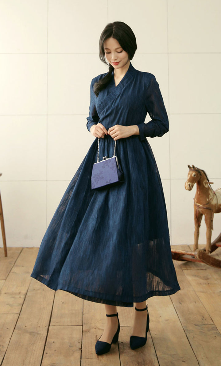 Korean Modern Hanbok Navy Dress Red Skirt Fancy Casual Daily Clothing Wrapped Design Fusion Hanbok CHD105