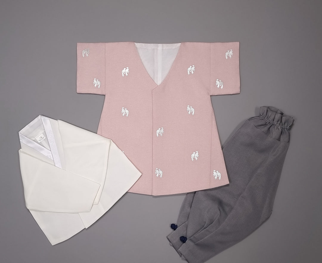 Korean Traditional Boy Baby Hanbok Dol Baikil Party Celebration 100th-10 Ages Pink Bird Silver Print HGB114