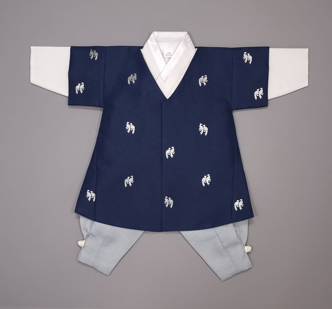 Korean Traditional Boy Baby Hanbok Dol Baikil Party Celebration 100th-10 Ages ㅠBird Silver Print HGB112
