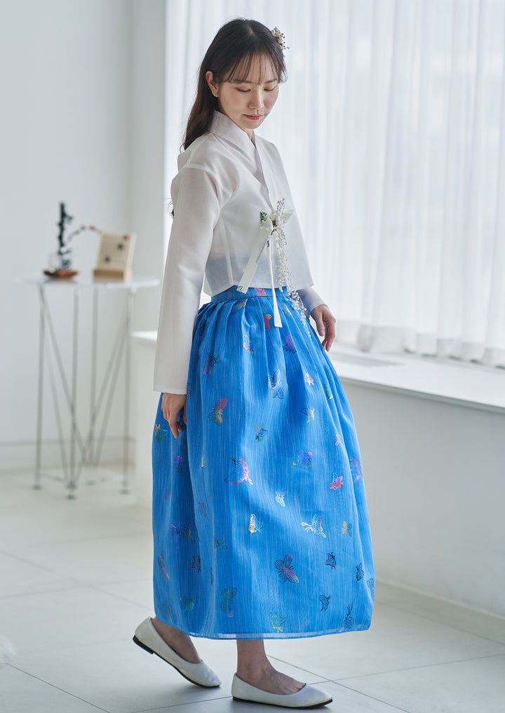 Modern Korean Daily Hanbok Top (Jeogori) – Butterfly Print, White & Blue | SSN110