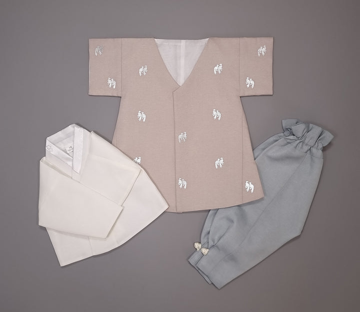Korean Traditional Boy Baby Hanbok Dol Baikil Party Celebration 100th-10 Ages Beige Bird Silver Print HGB113