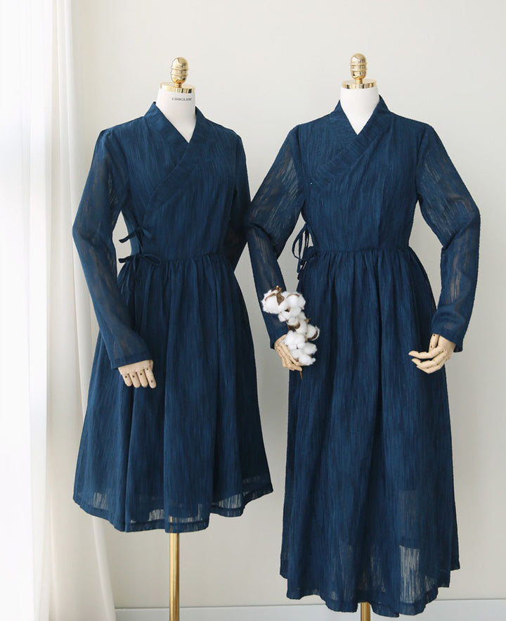 Korean Modern Hanbok Navy Dress Red Skirt Fancy Casual Daily Clothing Wrapped Design Fusion Hanbok CHD105