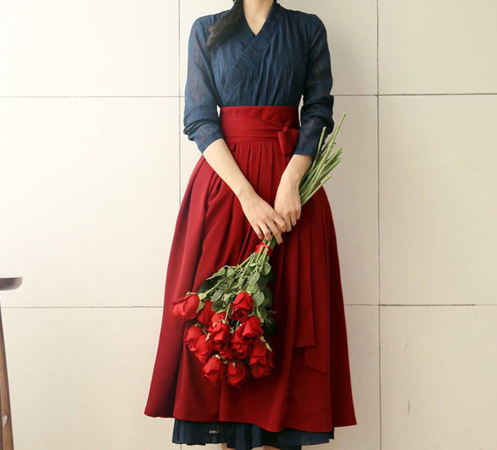 Korean Modern Hanbok Navy Dress Red Skirt Fancy Casual Daily Clothing Wrapped Design Fusion Hanbok CHD105