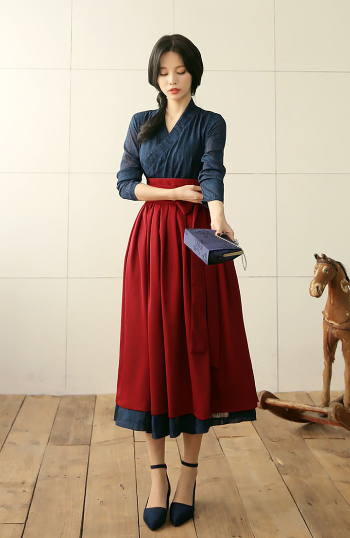 Korean Modern Hanbok Navy Dress Red Skirt Fancy Casual Daily Clothing Wrapped Design Fusion Hanbok CHD105
