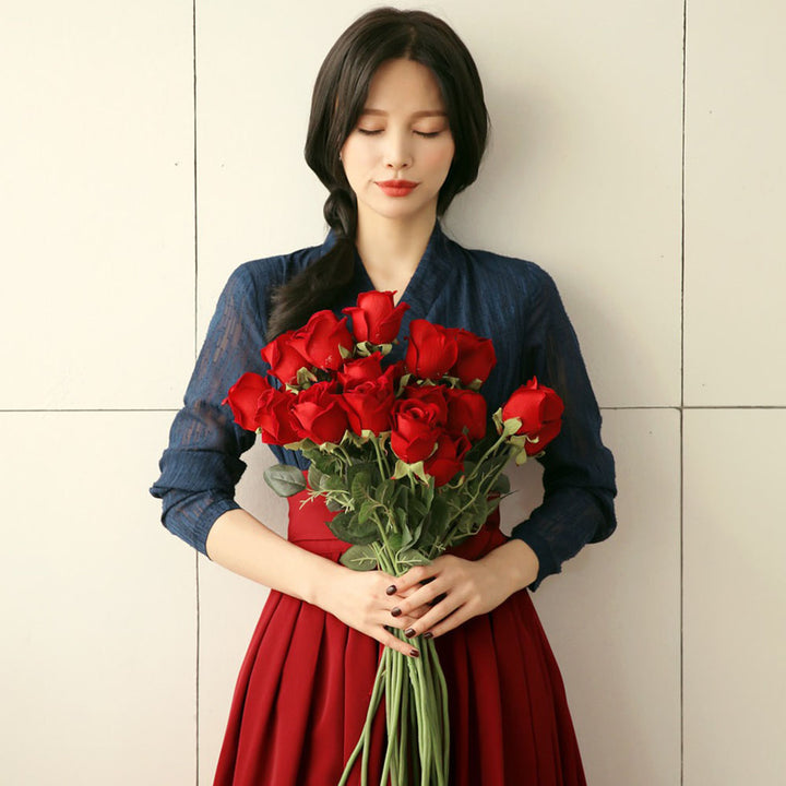 Korean Modern Hanbok Navy Dress Red Skirt Fancy Casual Daily Clothing Wrapped Design Fusion Hanbok CHD105