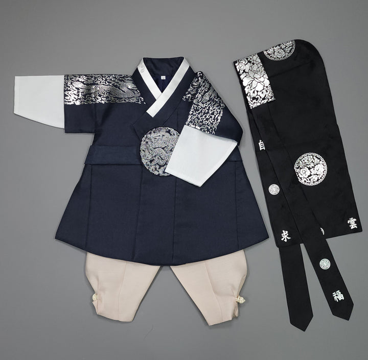 Korean Traditional Boy Baby Hanbok Dol Baikil Party Celebration 100th-10 Ages Navy Silver Print GHB301
