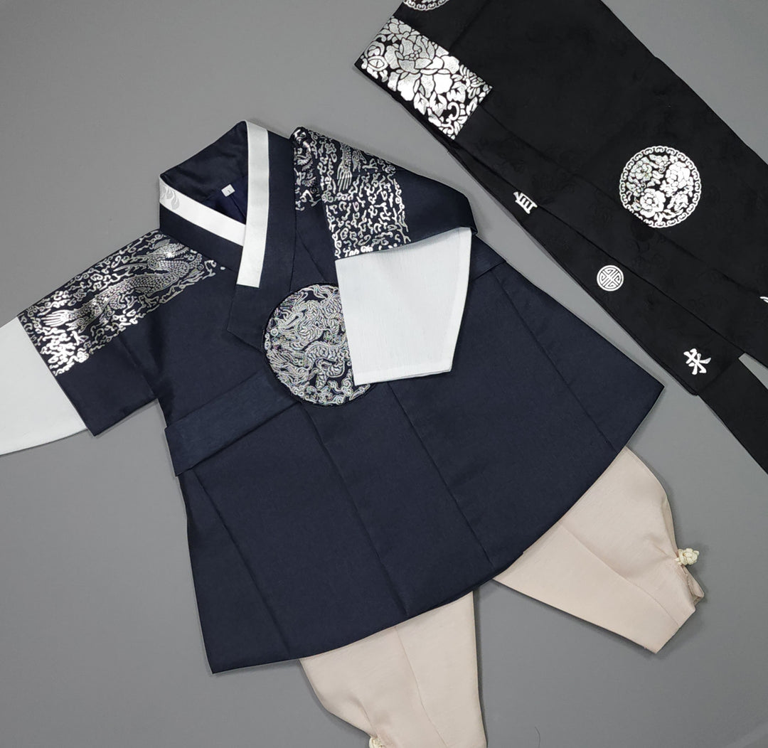Korean Traditional Boy Baby Hanbok Dol Baikil Party Celebration 100th-10 Ages Navy Silver Print GHB301