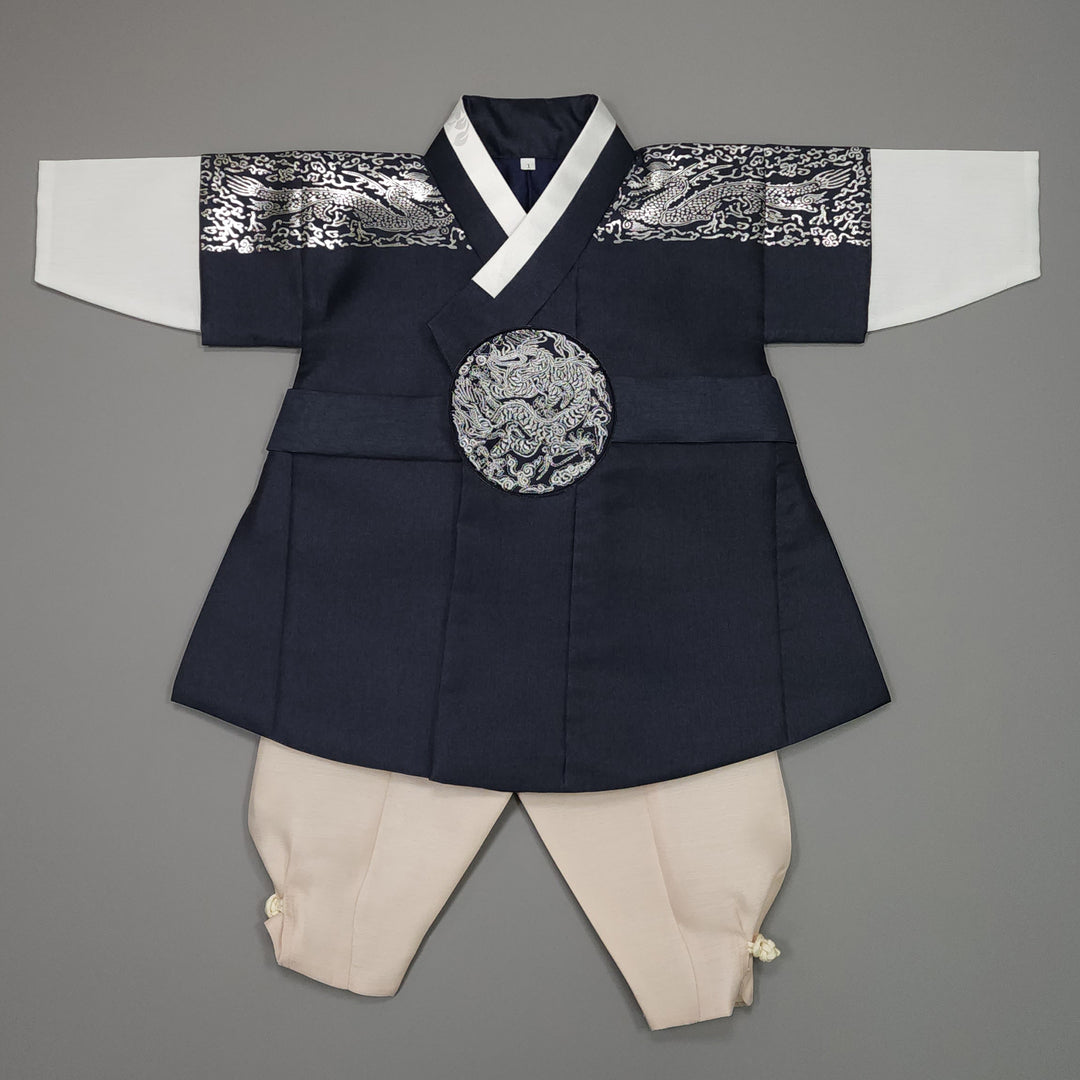 Korean Traditional Boy Baby Hanbok Dol Baikil Party Celebration 100th-10 Ages Navy Silver Print GHB301