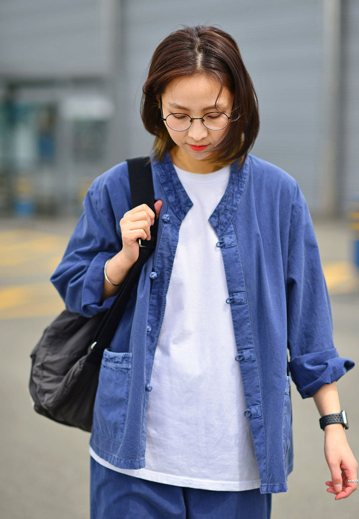 Korean Hanbok Washed Cotton Common Use Man Woman Casual Daily Clothing BTS Long Sleeve Blue 10042