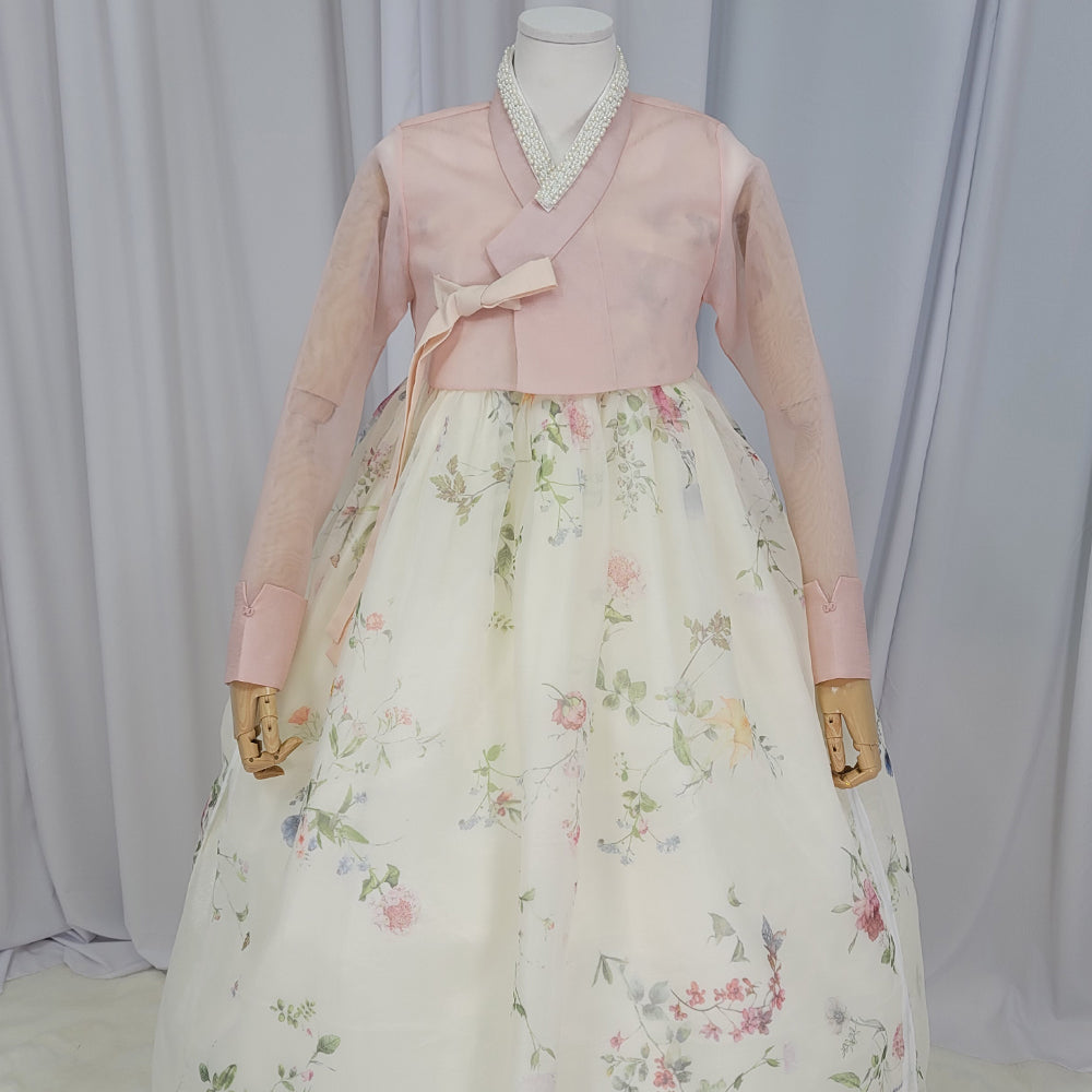 Woman Hanbok Dress Korea Traditional clothes Set Wedding Ceremony Birthday Custom-Made Pink See-through OSW901