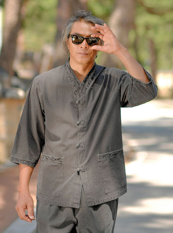 Korean Hanbok Washed Cotton Common Use Man Woman Casual Daily Clothing 3/4 Sleeve BTS 10097 Charcoal