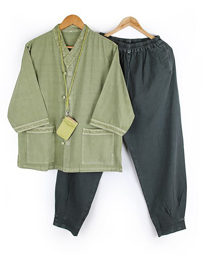 Korean Hanbok Washed Cotton Common Use Man Woman Casual Daily Clothing V Neck Open 3/4 Sleeve Jacket Pants Set JH109