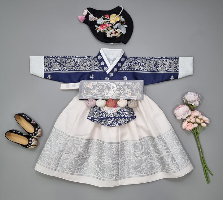 Hanbok Dress Girl Baby Korea Traditional Clothing Set First Birthday Celebration Party Celebration 1–8 Years Navy Fancy Silver Print OS208