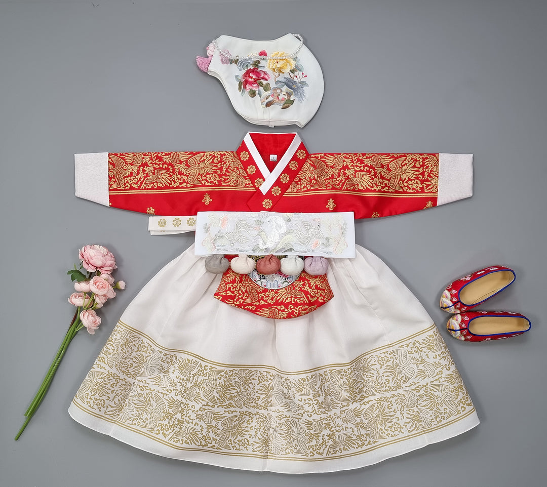 Hanbok Dress Girl Baby Korea Traditional Clothing Set First Birthday Celebration Party Celebration 1–8 Years Red Fancy Gold Print OS207