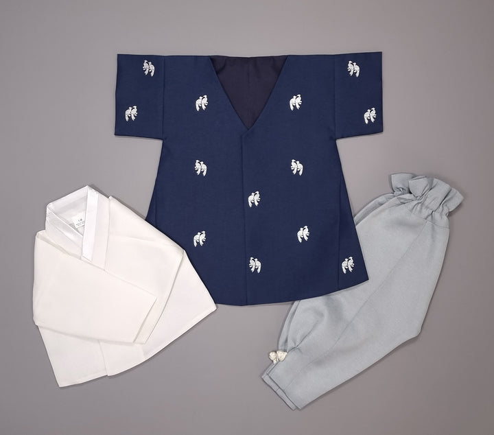 Korean Traditional Boy Baby Hanbok Dol Baikil Party Celebration 100th-10 Ages ㅠBird Silver Print HGB112