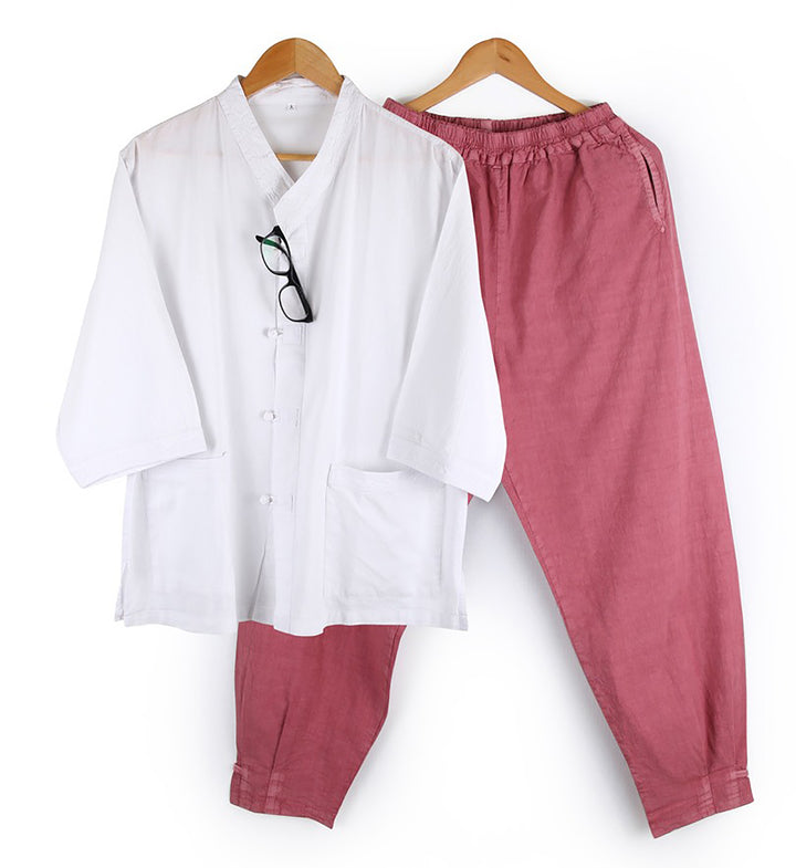 Korean Hanbok Washed Cotton Common Use Man Woman Casual Daily Clothing V Neck Open 3/4 Sleeve Jacket Pants Set JH109