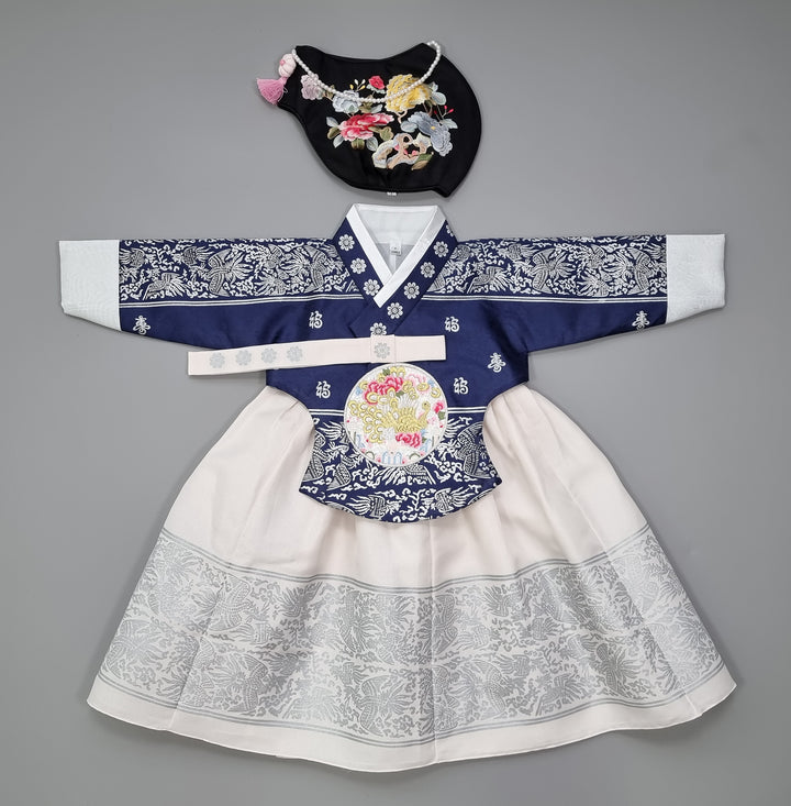 Hanbok Dress Girl Baby Korea Traditional Clothing Set First Birthday Celebration Party Celebration 1–8 Years Navy Fancy Silver Print OS208