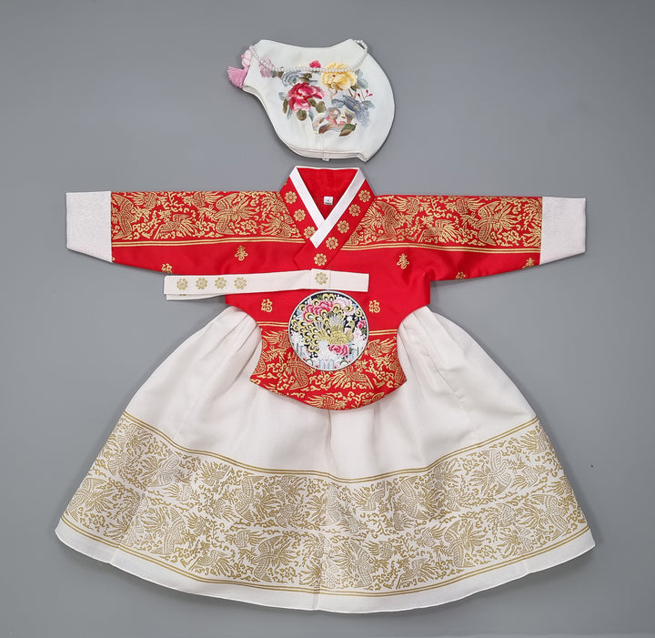 Hanbok Dress Girl Baby Korea Traditional Clothing Set First Birthday Celebration Party Celebration 1–8 Years Red Fancy Gold Print OS207