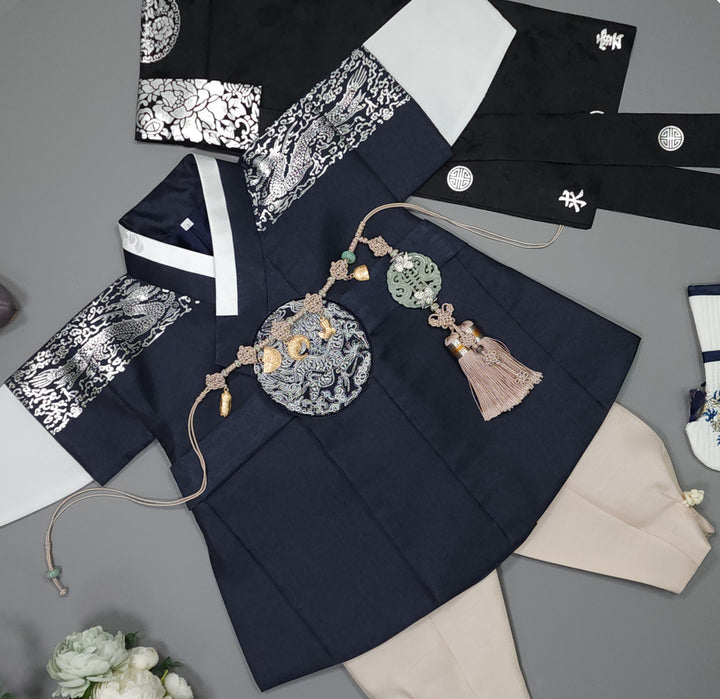 Korean Traditional Boy Baby Hanbok Dol Baikil Party Celebration 100th-10 Ages Navy Silver Print GHB301