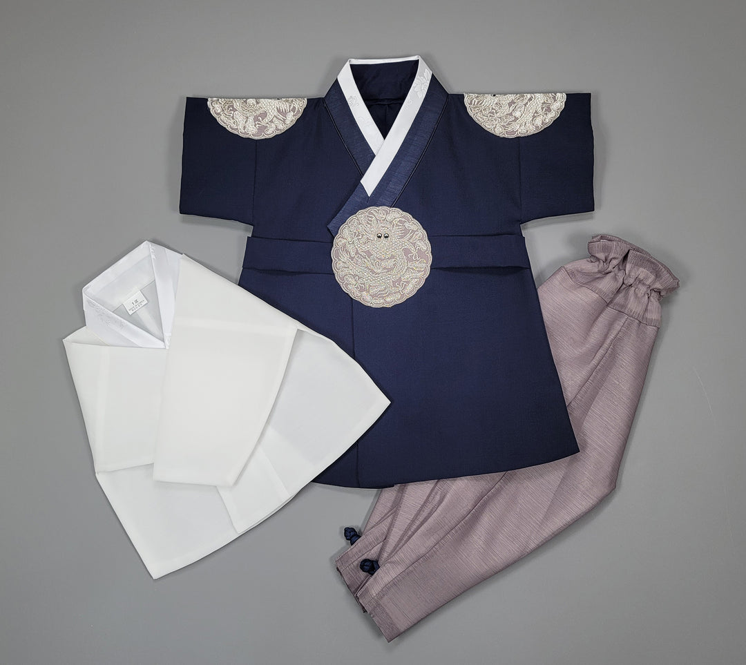 Korean Traditioanl Boy Baby Hanbok Dol Baikil Party Celebration 100th-8 Ages Navy Kings Design