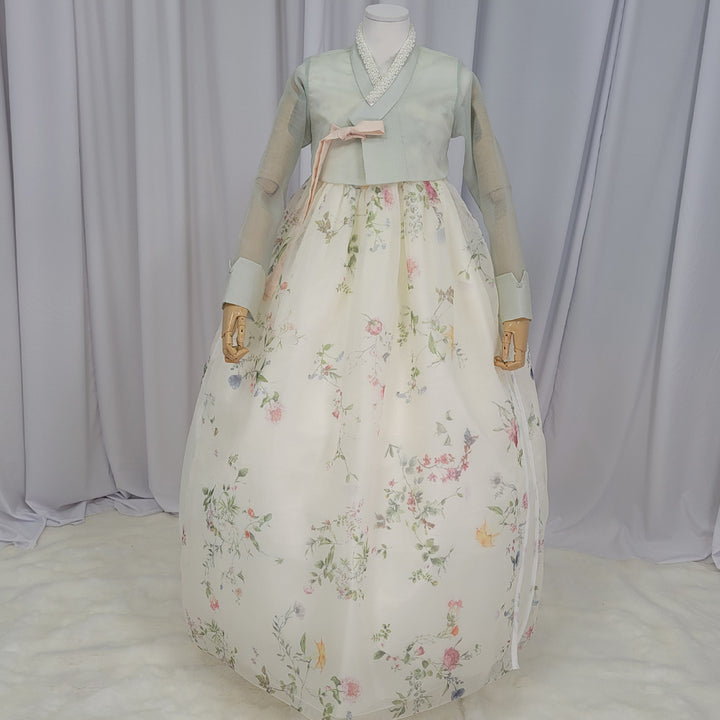 Woman Hanbok Dress Korea Traditional clothes Set Wedding Ceremony Birthday Custom-Made Mint See-through OSW902