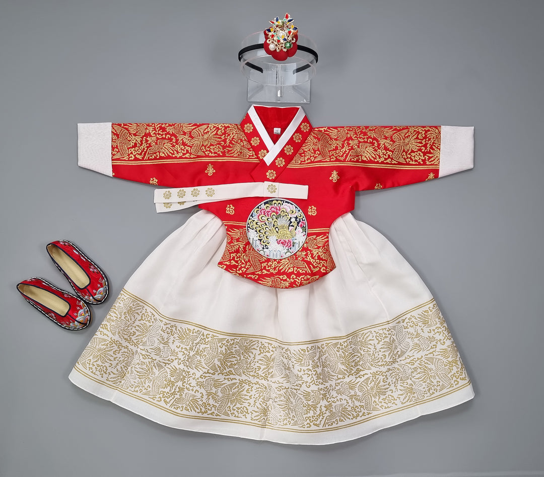 Hanbok Dress Girl Baby Korea Traditional Clothing Set First Birthday Celebration Party Celebration 1–8 Years Red Fancy Gold Print OS207