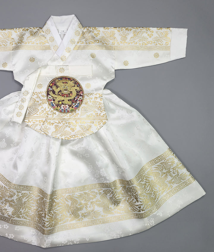 Hanbok Girl Baby Korea Traditional Clothing Set First Birthday Celebration Party Celebration 1–10 Years White Skirt Gold Print HG136