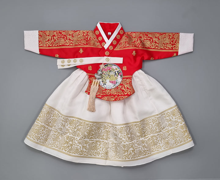 Hanbok Dress Girl Baby Korea Traditional Clothing Set First Birthday Celebration Party Celebration 1–8 Years Red Fancy Gold Print OS207