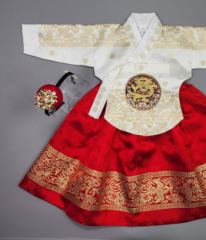 Hanbok Girl Baby Korea Traditional Clothing Set First Birthday Celebration Party Celebration 1–10 Years White Red Skirt Gold Print HG132