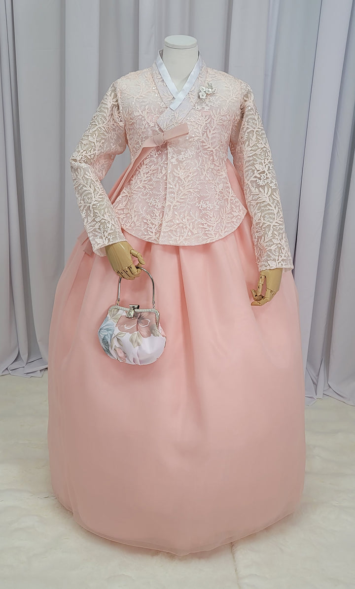 Korean Traditional Fancy Woman Personal Custom Hanbok Wedding Party Ceremony Mom Daughter Couple Look Pink Peach Lace Hanbok OSF136