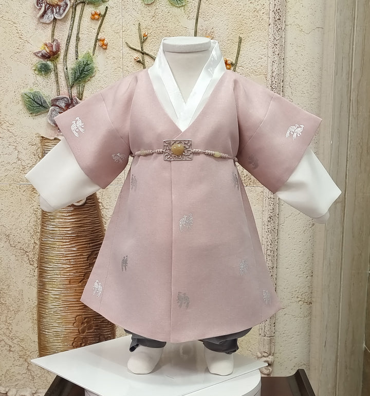 Korean Traditional Boy Baby Hanbok Dol Baikil Party Celebration 100th-10 Ages Pink Bird Silver Print HGB114