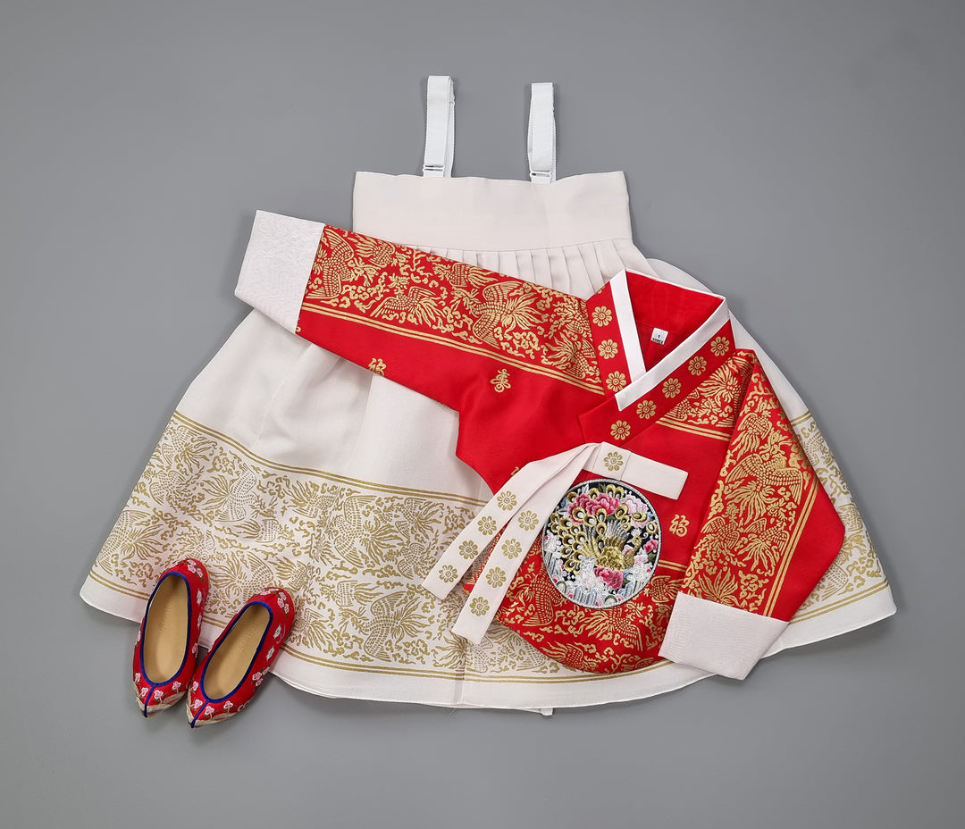 Hanbok Dress Girl Baby Korea Traditional Clothing Set First Birthday Celebration Party Celebration 1–8 Years Red Fancy Gold Print OS207