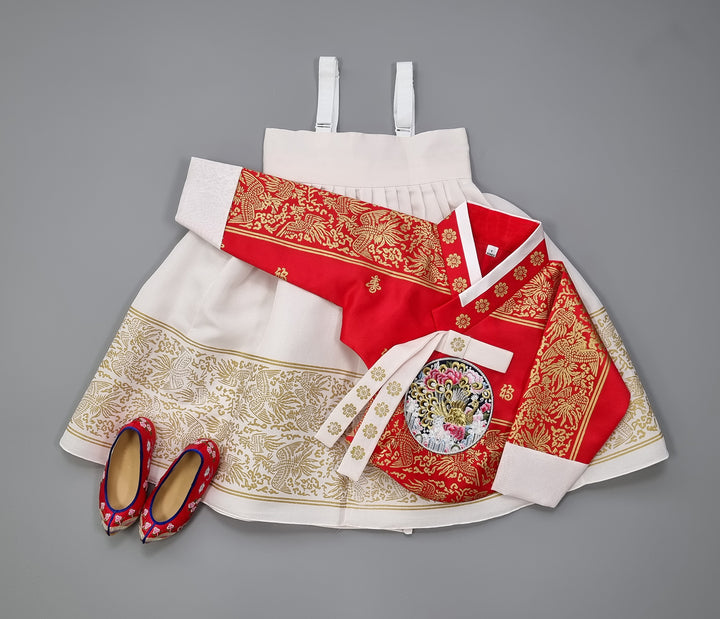 Hanbok Dress Girl Baby Korea Traditional Clothing Set First Birthday Celebration Party Celebration 1–8 Years Red Fancy Gold Print OS207