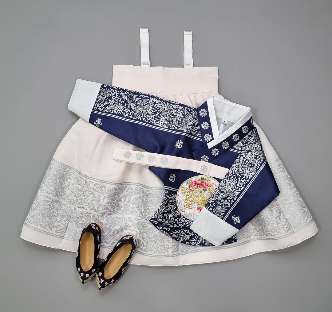 Hanbok Dress Girl Baby Korea Traditional Clothing Set First Birthday Celebration Party Celebration 1–8 Years Navy Fancy Silver Print OS208