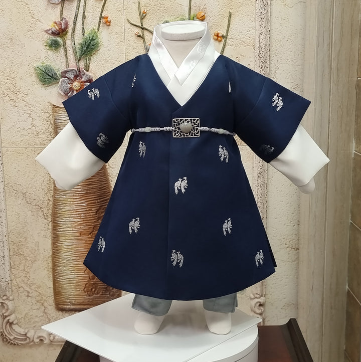 Korean Traditional Boy Baby Hanbok Dol Baikil Party Celebration 100th-10 Ages ㅠBird Silver Print HGB112