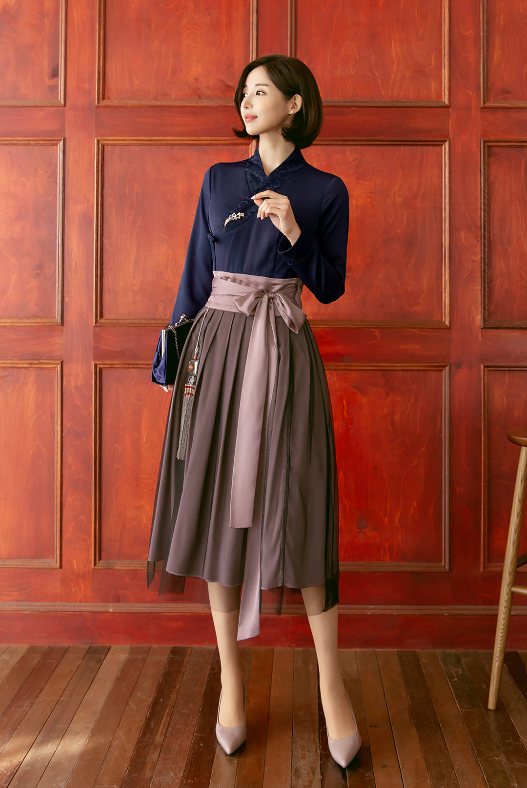 Korean Modern Hanbok Navy Dress Skirt Fancy Casual Daily Clothing Wrapped Design Fusion Hanbok CHD117
