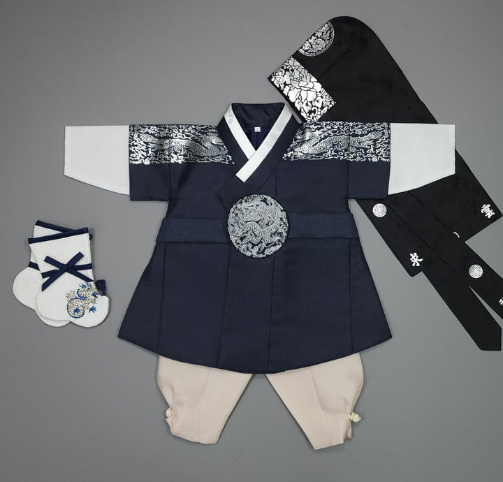 Korean Traditional Boy Baby Hanbok Dol Baikil Party Celebration 100th-10 Ages Navy Silver Print GHB301