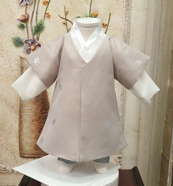 Korean Traditional Boy Baby Hanbok Dol Baikil Party Celebration 100th-10 Ages Beige Bird Silver Print HGB113