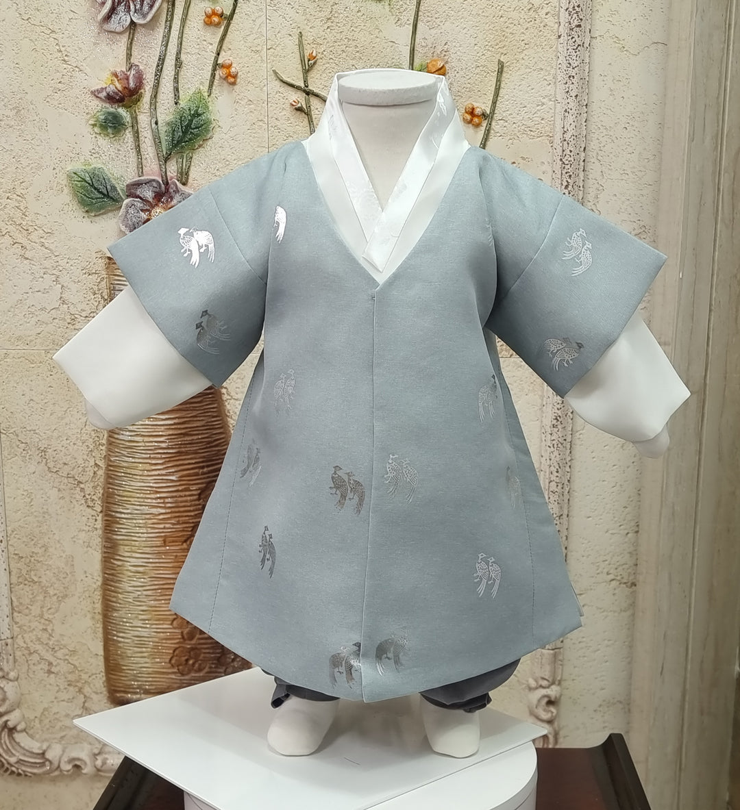 Korean Traditional Boy Baby Hanbok Dol Baikil Party Celebration 100th-10 Ages Blue Bird Silver Print HGB115