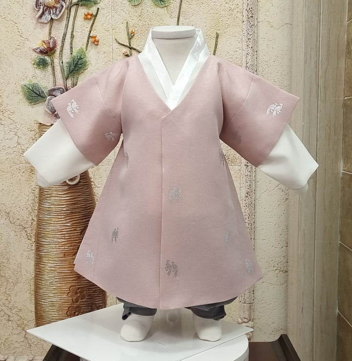Korean Traditional Boy Baby Hanbok Dol Baikil Party Celebration 100th-10 Ages Pink Bird Silver Print HGB114