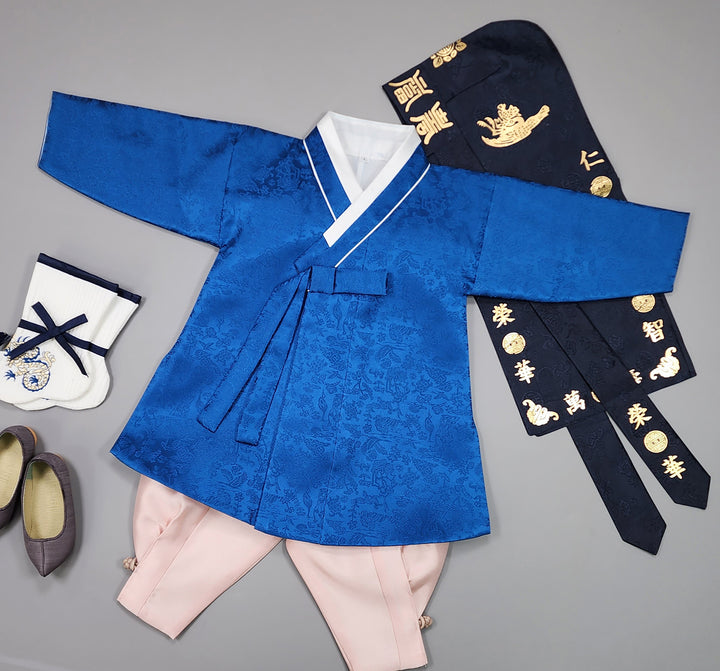 Korean Traditional Boy Baby Hanbok Dol Baikil Party Celebration 100 Days-8 Ages Oriental Silk Dark Blue OSB163