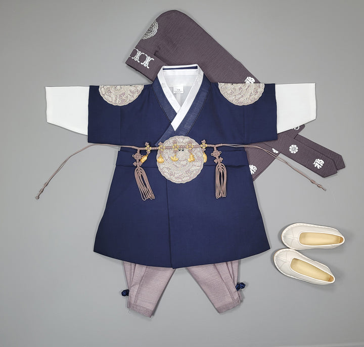 Korean Traditioanl Boy Baby Hanbok Dol Baikil Party Celebration 100th-8 Ages Navy Kings Design