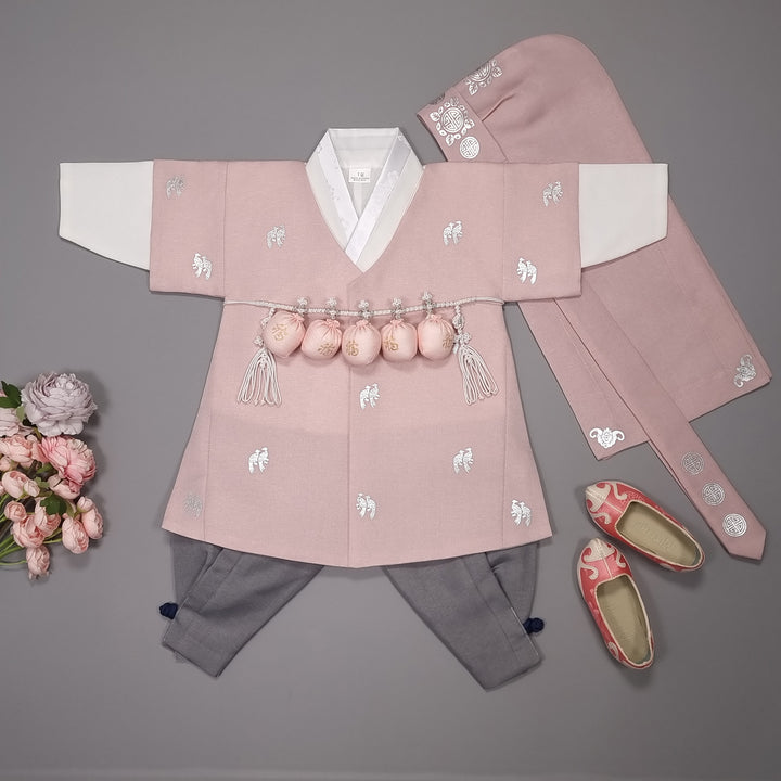Korean Traditional Boy Baby Hanbok Dol Baikil Party Celebration 100th-10 Ages Pink Bird Silver Print HGB114