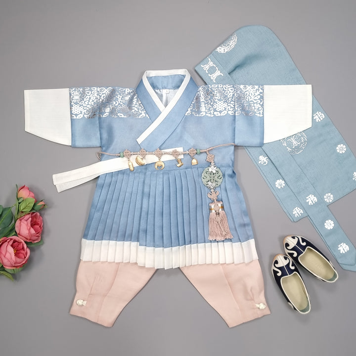 Korean Traditional Boy Baby Hanbok Dol Baikil Party Celebration 100th-10 Ages King Design Blue GHB115