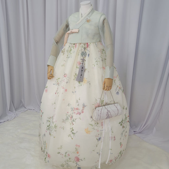 Woman Hanbok Dress Korea Traditional clothes Set Wedding Ceremony Birthday Custom-Made Mint See-through OSW902