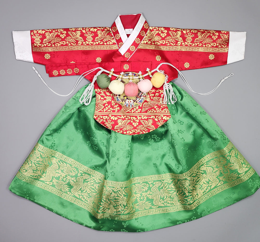 Hanbok Girl Baby Korea Traditional Clothing Set First Birthday Celebration Party Celebration 1–10 Years Red Green Skirt Gold Print HG122