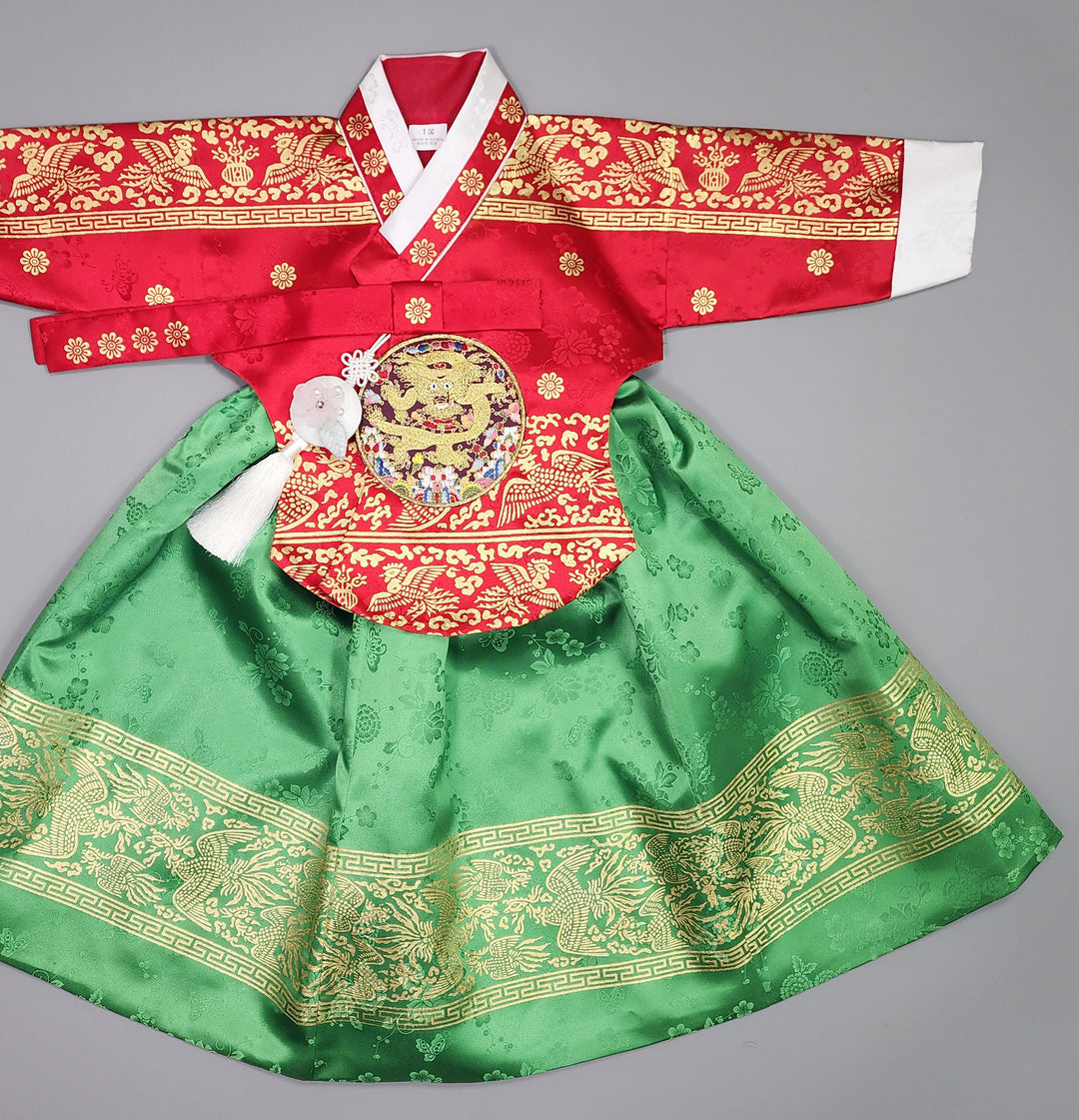 Hanbok Girl Baby Korea Traditional Clothing Set First Birthday Celebration Party Celebration 1–10 Years Red Green Skirt Gold Print HG122
