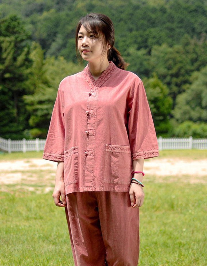 Korean Hanbok Washed Cotton Common Use Man Woman Casual Daily Clothing 3/4 Sleeve BTS 10097 IndiPink